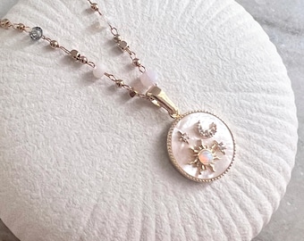 Mother of Pearl Sun & Moon Necklace • Celestial Pendant Necklace • Opal and CZ Necklace • 16K Gold Plated Beaded Chain • Romantic Jewelry