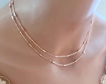 Rose Gold Chain Necklace • Dainty Minimal Necklace • Rose Gold Choker • Bar Chain Necklace • Single or Double Strand • Layering Necklace