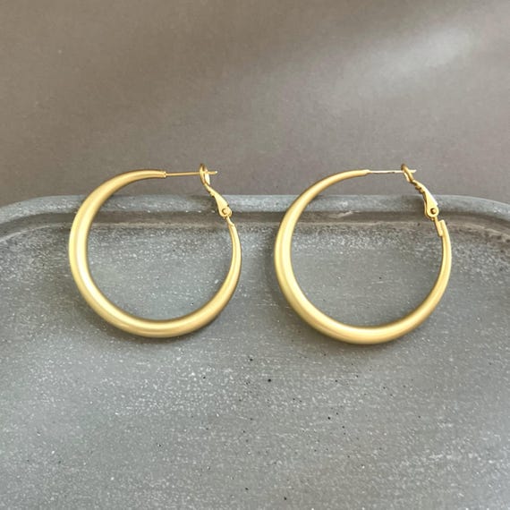Matte Gold Hoop Earrings, 40mm Chunky Minimalist Hoops Sculptural Dainty Earrings, Modern Gold Jewelry 14K Gold Plated Satin Gold Earrings