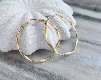 Matte Gold Hoop Earrings | 50mm 14K Gold Plated Hoops | Minimalist Everday Jewelry | Lightweight Statement Earrings | Best Gift For Her