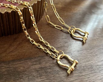 18K Gold Filled Carabiner Necklace, Paperclip Chain or Box Chain Charm Holder Necklace, Horseshoe Clasp Pendant, Minimalist Layering Jewelry