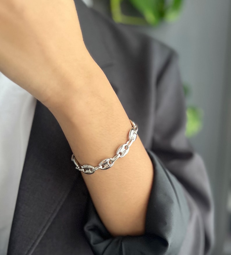 Gold Puffed Mariner Anchor Chain Bracelet • Minimal Unisex Bracelet • 24K Gold Plated Chain •Minimalist Statement Bracelet • Chunky Link image 9