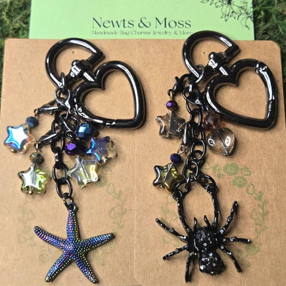 Rhinestone Spider or Rainbow Starfish Bag Charm Keychain