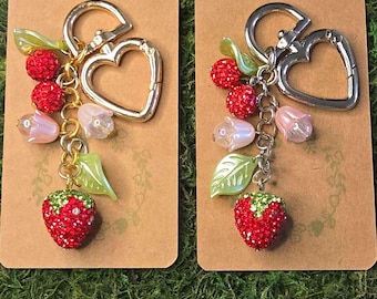 Strawberry & Cherries Bag Charm Keychain w/ Heart Clasp