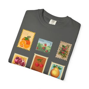 Selos vintage de frutas, camiseta unissex com cartão postal de frutas, camiseta casual de verão, presente para amantes de frutas, camisa estética vintage, vestuário ecológico