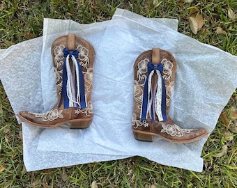Lazos para botas azul marino y blanco, accesorio vaquero del oeste, lazos para días de partido universitario, lazos para botas de concierto