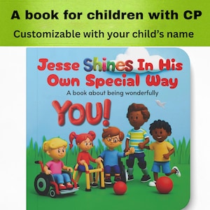 Peut inclure: Un livre pour enfants intitulé Jesse Shines In His Own Special Way, A book about being wonderfully YOU! La couverture montre cinq enfants divers, dont un en fauteuil roulant et un utilisant un déambulateur, jouant avec des balles rouges.