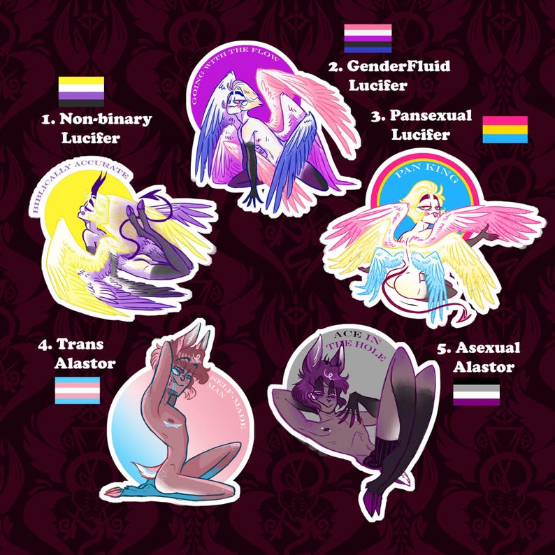 Puede incluir: Una colecci&oacute;n de cinco pegatinas con ilustraciones estilizadas de personajes con alas y cuernos de &aacute;ngel, cada una representando una identidad diferente. Las pegatinas incluyen texto como "Lucifer no binario" y "Alastor trans".