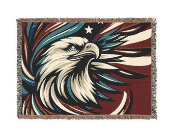 Manta de algodón tejida con diseño de águila majestuosa: decoración para el hogar con temática estadounidense.