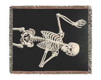 Skeleton Woven Cotton Blanket: Halloween Decor, Vintage Style Throw