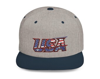 USA Flat Bill Snapback Hat: Acrylic Wool Trucker Cap