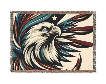 Manta de algodón tejida con diseño de águila majestuosa: decoración para el hogar con temática estadounidense.