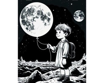 Space Adventure Nursery Poster: Black and White Kids Room Art