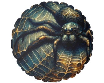 May include: A round balloon featuring a detailed illustration of a spider on a web. The spider has a dark blue body with brown legs and is set against a blue and gold web design. The balloon is on a white stick.