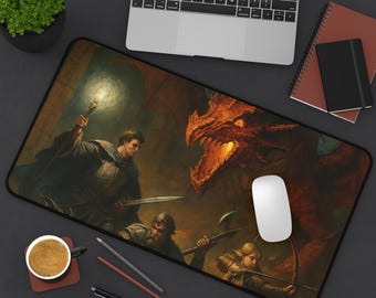 May include: A rectangular mousepad featuring a fantasy scene of a dragon and warriors. The artwork depicts a dragon with a fiery mouth, and a group of people with weapons. The mousepad is black with a black border.