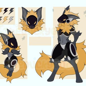May include: A digital character reference sheet featuring a creature with a black visor, yellow fur, and dark grey limbs. The illustration displays a headshot, a seated pose, and a standing pose, alongside six lightning bolt icons in various colours.