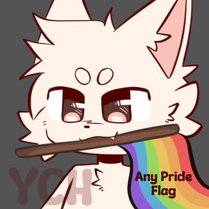 Op de afbeelding: Een cartoon illustratie van een wit katachtig personage met bruine ogen en een regenboogvlag. De tekst "Any Pride Flag" is zichtbaar. Het personage houdt een bruine stok vast met een regenboogvlag uit zijn mond.