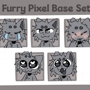 May include: A digital pixel art set titled Furry Pixel Base Set featuring five gray anthropomorphic animal character heads with various facial expressions including crying, smirking, blushing, heart-shaped eyes, and an excited open-mouthed grin.