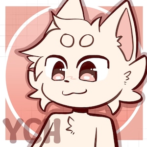 May include: A digital illustration of a cartoon cat with a light beige coat, large brown eyes, and a small smile. The cat is set against a pink background with a grid pattern and a pink circle. The letters "YCA" are visible in the lower left corner.