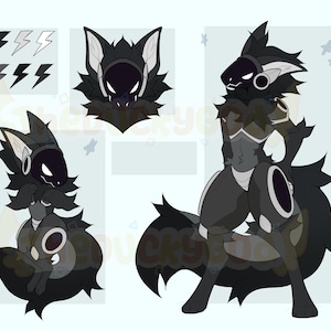 May include: A digital character reference sheet featuring a black and dark gray anthropomorphic creature with a sleek visor, pointed ears, and a fluffy tail. The illustration displays a headshot, a seated pose, and a full-body standing pose.