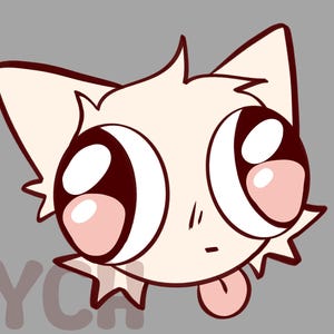 May include: A digital illustration of a stylised cat head with large, expressive eyes, pointed ears, and a small tongue sticking out. The character features thick dark outlines, a light cream-coloured face, and the letters YCH visible in the corner.