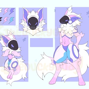 May include: A digital character reference sheet featuring a white and light purple anthropomorphic creature with a black visor, fluffy fur, and blue accents. The sheet displays a headshot, a seated pose, a standing pose, and six lightning bolt icons.