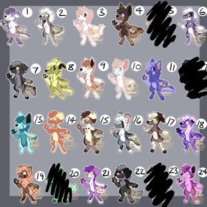 May include: A digital art sheet featuring twenty-four numbered anthropomorphic animal character designs in various color palettes, including shades of purple, brown, pink, green, and blue, arranged in a grid with some entries obscured by black marks.