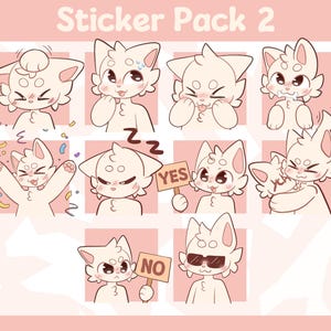 Könnte beinhalten: Ein Sticker-Pack mit Cartoon-Katzenfiguren mit verschiedenen Ausdrücken. Die Sticker zeigen Charaktere mit schläfrigen Augen, die ein "YES"-Schild halten und eine Sonnenbrille tragen. Der Text "Sticker Pack 2" steht oben.