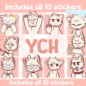 Puede incluir: Un conjunto de diez pegatinas digitales que muestran un personaje de gato de dibujos animados en varias expresiones y poses, dispuestas en una cuadrícula. El texto YCH está centrado y el texto Includes all 10 stickers aparece en rosa arriba y abajo.