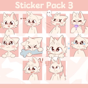 Może przedstawiać: Zestaw naklejek z postaciami z kreskówek kotów z różnymi wyrazami twarzy. Naklejki są w kolorze jasnobeżowym z różowymi akcentami. Tekst "Sticker Pack 3" znajduje się na górze.