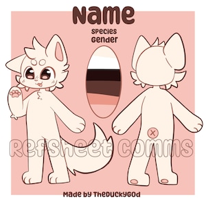 Könnte beinhalten: Ein digitales Kunst-Referenzblatt mit einer Cartoon-Figur in Vorder- und Rückansicht. Die Figur ist hellbeige mit großen Augen und einem flauschigen Schwanz. Das Blatt enthält den Text "Name", "species", "gender", "RefSheet Comms" und "Made by Theducky60d".