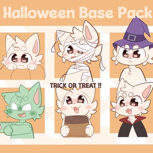 Könnte beinhalten: Eine digitale Illustration mit dem Titel "Halloween Base Pack" mit sechs Cartoon-Katzenfiguren in Halloween-Kostümen. Die Charaktere umfassen eine Katze in einem Kürbis, eine Mumienkatze, eine Hexenkatze, eine Frankenstein-Katze, eine Katze, die eine Tüte mit Leckereien hält, und eine Vampirkatze. Der Satz "Trick or Treat !!" ist ebenfalls enthalten.