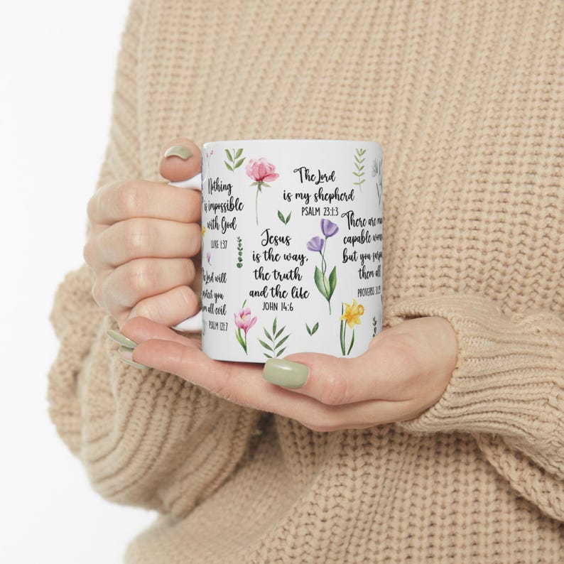 Floral Christian Coffee Mug, Bible Verse Scripture, Spiritual Gift image 2