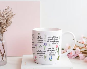 Floral Christian Coffee Mug, Bible Verse Scripture, Spiritual Gift