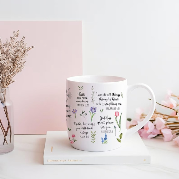Christian Bible Verse Mug, Floral Scripture Coffee Cup with Encouraging Bible Quotes, Faith Gift for Women, Christian Morning Mug,Spiritual