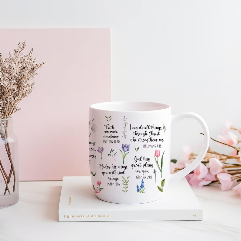 Floral Christian Coffee Mug, Bible Verse Scripture, Spiritual Gift image 1