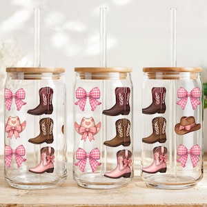 Pink Cowgirl Glass Can Cup, Western Iced Coffee Tumbler with Boots, Hats Gingham Bows, Cute Coquette Western Aesthetic Cup with Lid & Straw