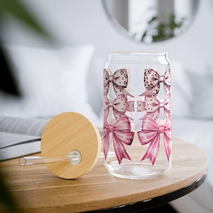 Girly Bow Libbey Glass Cup with Lid/ Straw, Girly Iced Coffee Cup, Leopard & Pink Ribbon Can Glass, Coquette Aesthetic Drinkware Gift