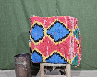 Boujaad Vintage Wool Pouf, Red Pouf, Floor Vintage Pouf, Moroccan Ottoman Pouf, Shaggy Floor Cushion, Berber Square Ottoman,Boho Home Decor.