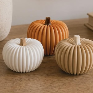 May include: Three decorative pumpkins in white, orange, and tan colours. Each pumpkin features a ribbed texture and a small, solid-coloured stem at the top. The white pumpkin is on the left, the tan one is on the right, and the orange one is centred behind.