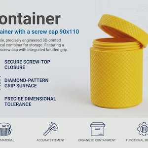 Puede incluir: Un recipiente cilíndrico de color amarillo brillante con tapa de rosca, que presenta una superficie de agarre con patrón de diamante. El texto dice Container, Container with a screw cap 90x110, Secure screw-top closure, Diamond-pattern grip surface, Precise dimensional tolerance.