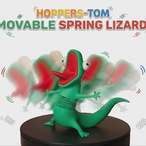 Op de afbeelding: Een groen hagedisspeeltje met een verend lijf, een wijd open rode bek en een uitstekende tong. De tekst HOPPERS-TOM MOVABLE SPRING LIZARD staat boven de figuur, die in beweging wordt getoond met wazige nabeelden.