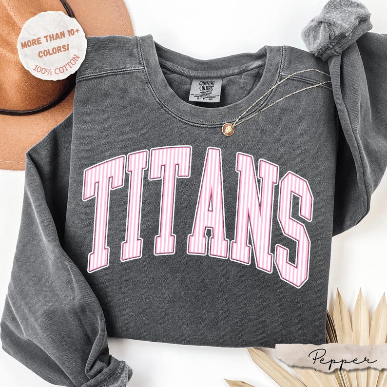 May include: A charcoal gray crewneck sweatshirt featuring the word TITANS in large, arched, pink and white vertical striped block letters. The garment has a Comfort Colors label at the inner neckline and a small gold pendant necklace resting on it.