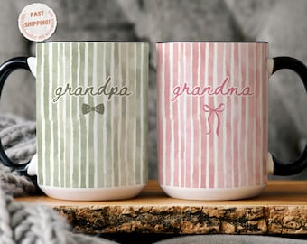 Promoted to Grandparents Mug Set, Grandma Grandpa Striped Coffee Cups, Personalized Pregnancy Announcement Gift, First Time Grandparents