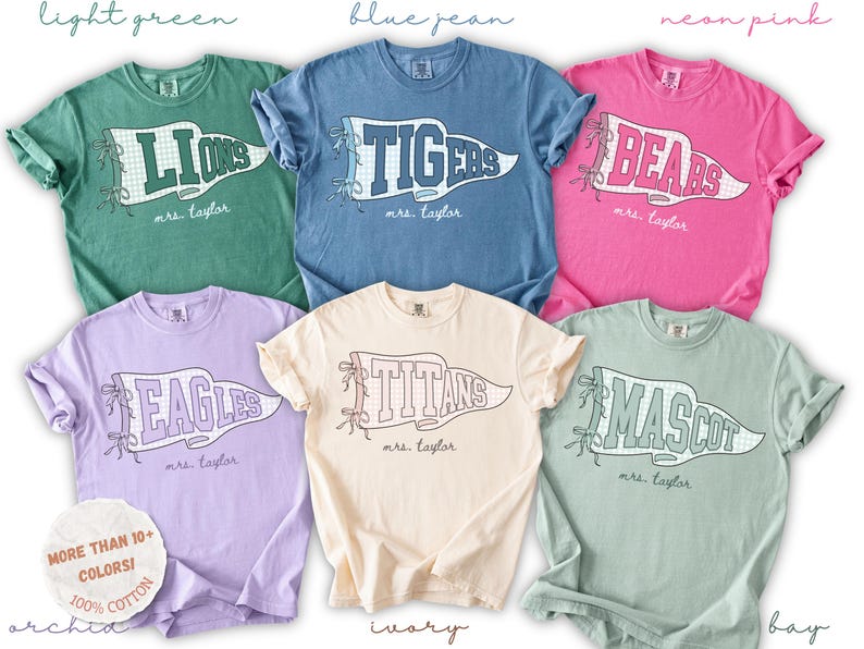 May include: Six short-sleeved crew neck t-shirts in light green, blue jean, neon pink, orchid, ivory, and bay colors. Each shirt features a graphic of a pennant flag with the text LIONS, TIGERS, BEARS, EAGLES, TITANS, or MASCOT and mrs. taylor.