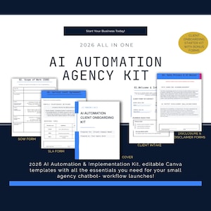 May include: A dark blue graphic with the text "AI AUTOMATION AGENCY KIT" and several documents. The documents include "Scope of Work", "Service Level Agreement", and "Client Onboarding Kit". A gold circle reads "Client Onboarding Starter Kit with Bonus Forms".