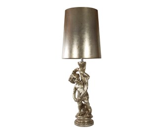 Hollywood Regency Lamps Tall Table Lamp Mid Century Lighting Silver Cherub Matching Shade Over 4 Feet Tall