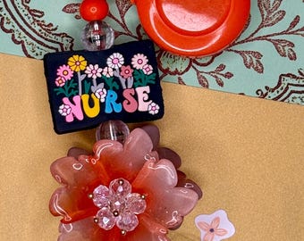 Nurse with Fancy Flower Beaded Badge Reel