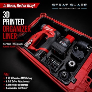 May include: A black 3D printed organizer liner inside a red tool case. The liner holds a red Milwaukee drill driver, a battery, four drill driver attachments, and a removable bit storage tray. Text reads: 3D PRINTED ORGANIZER LINER.