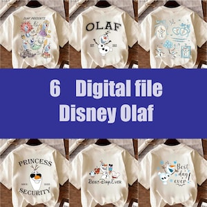 以下が含まれることがあります： さまざまなオラフのデザインが施された、クリーム色のTシャツが6枚。1枚のシャツには、漫画のキャラクターと一緒に「OLAF PRESENTS...」と書かれています。別のシャツには、オラフのグラフィックとともに「OLAF EST. 2013」と書かれています。他のシャツには「PRINCESS SECURITY SINCE 2026」と「BEST DAY EVER」の文字があります。